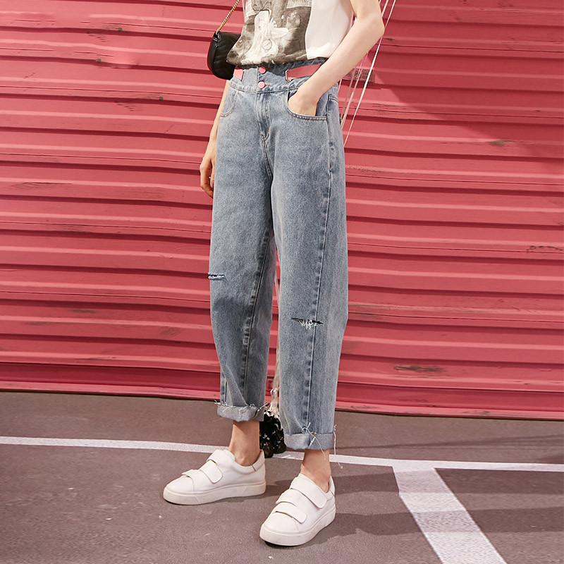 

Blue Solid Minimalist High Waist Washed Women Jeans 2020 Spring Ripped Straight Korean Casual Ladies Daily Denim Pants