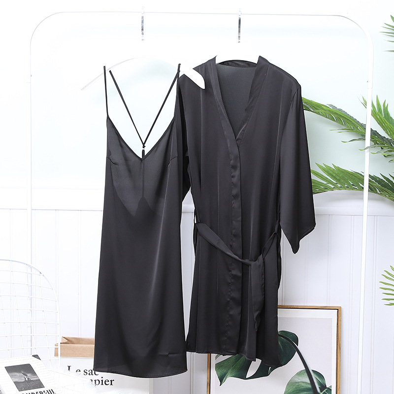 

2PCS Wedding Robe Set Kimono Bathrobe Gown Sexy Intimate Lingerie Nightwear Satin Sleep Set Women Casual Nightgown Home Clothing, Pink