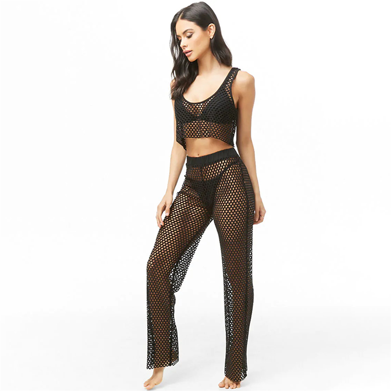 

Two piece set Women Summer Swimwear Bathing Suit Ladies Sexy Mesh See Through Hollow Bikini Cover Up Tops +Beach Pants 2020 New, Black