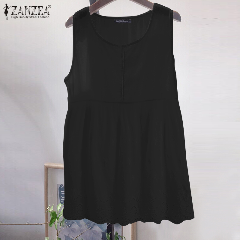 

2020 Summer Tank Tops ZANZEA Vintage Sleeveless Blouse Womens Casual Solid Floral Lace Patchwork Cotton Linen Shirt Tunic Tops, Black