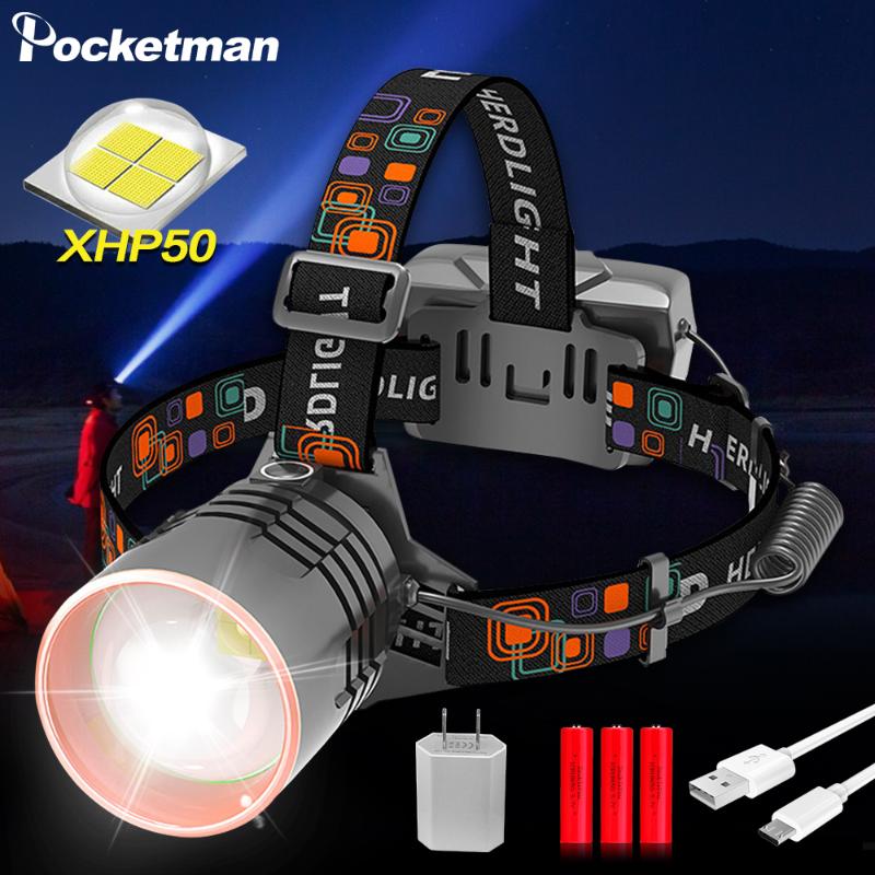 

Super Bright XHP50 USB Rechargeable Led Headlamp XHP50 Most Powerfull Headlight Fishing Camping ZOOM Torch by 3*18650 battery