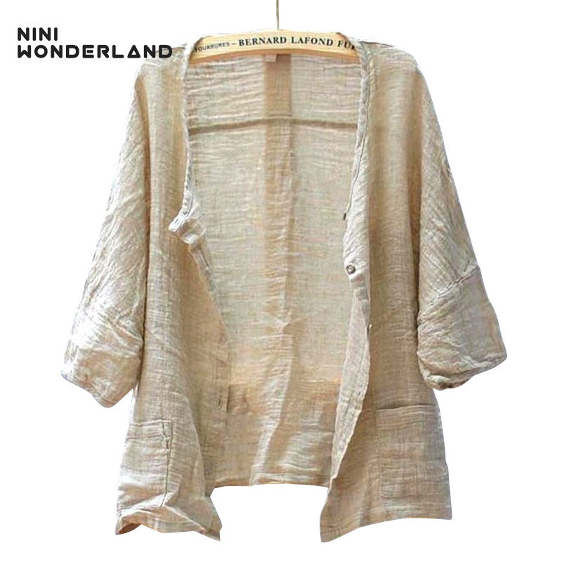

NINI WONDERLAND Spring Summer Women Pure Color Loose Linen The Cardigan Shirt Short-sleeved Casual Tops For Female White Natural