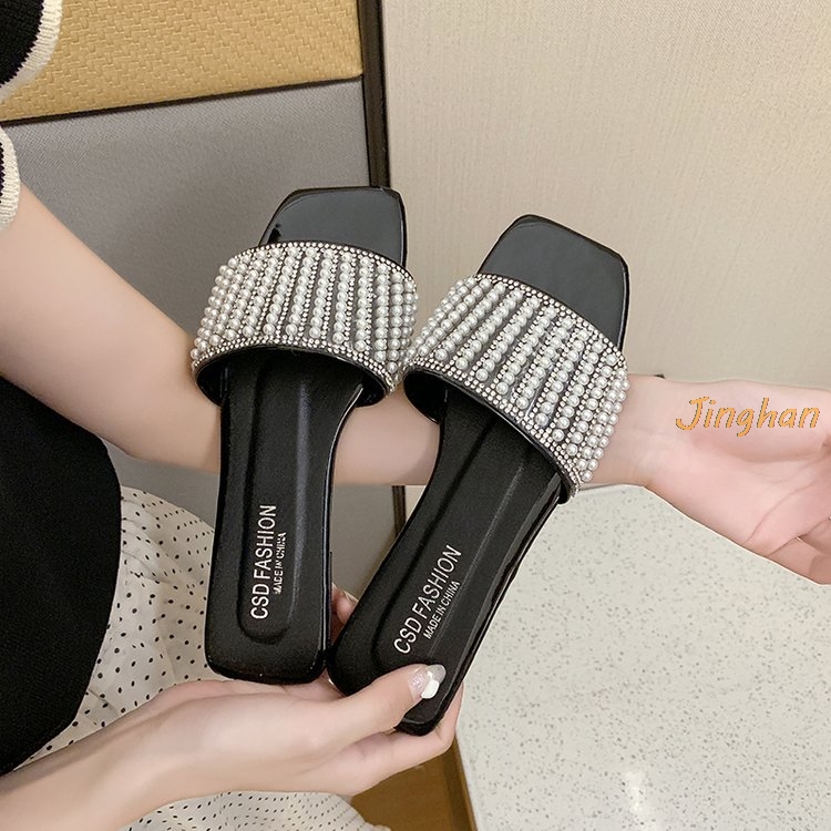 

2020 New Women Fashion Pearl Slippers Summer Casual Open Toe Flat Bottom Sandals Woman Outdoor Beach Slippers, Black