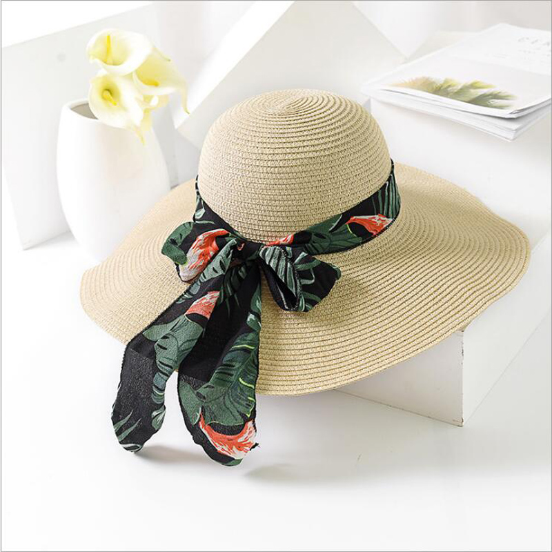 

2020 Fashion Women Sun Hats Hand made Straw Hat Female Chiffon Streamers Wide Brim Beach Hat Casual Summer Shade Anti uv Cap