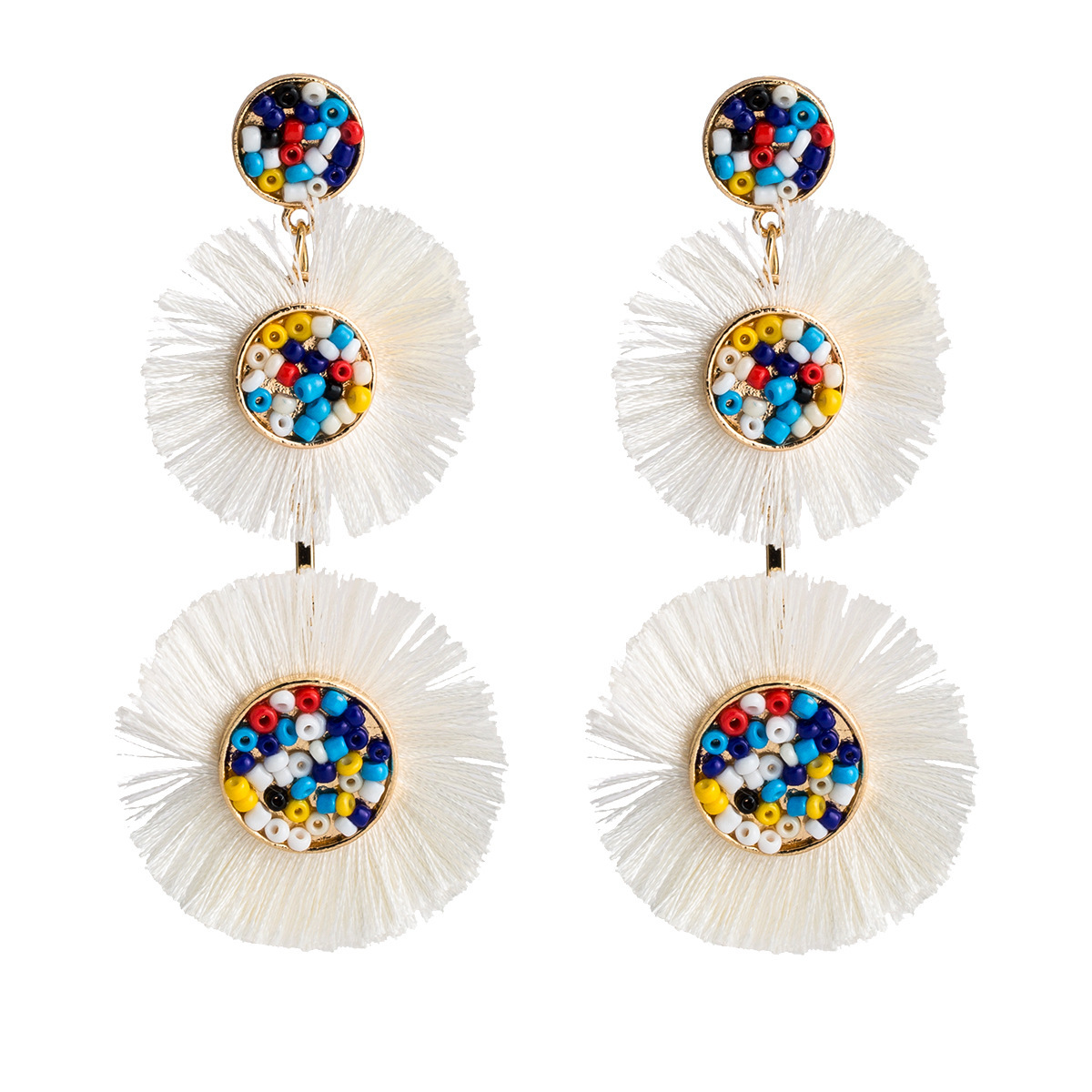 

Exaggerated multi-layer ring rice beads woven tassel earrings earrings Bohemia