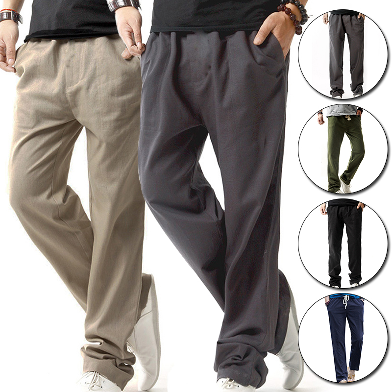 

Men Summer Pants Casual Linen Pant Solid Color Mid Rise Trousers Male Breathable Fashion Loose Harem Pants, Black