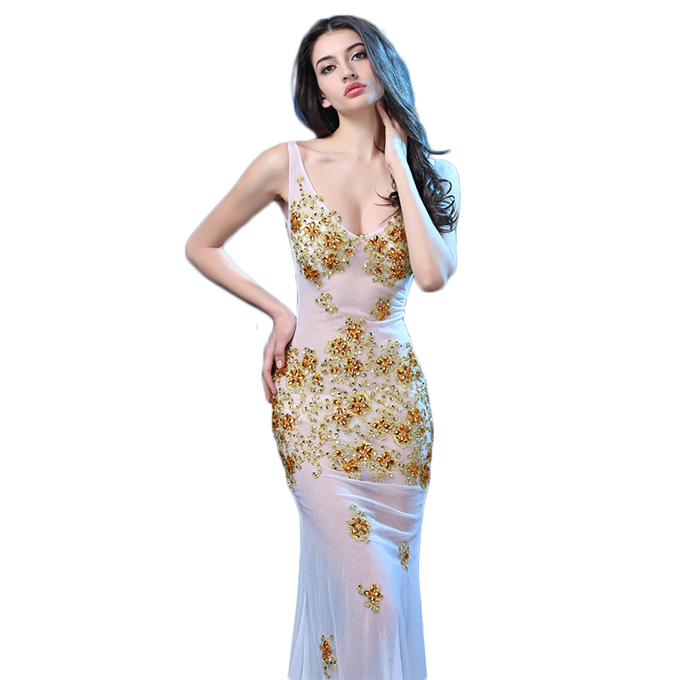 

Fashion Sexy Women Bodycon Long Dress Lace Evening Party Elegant diamante See-through V-neck sleeveless flower gauze Dresses, Pink