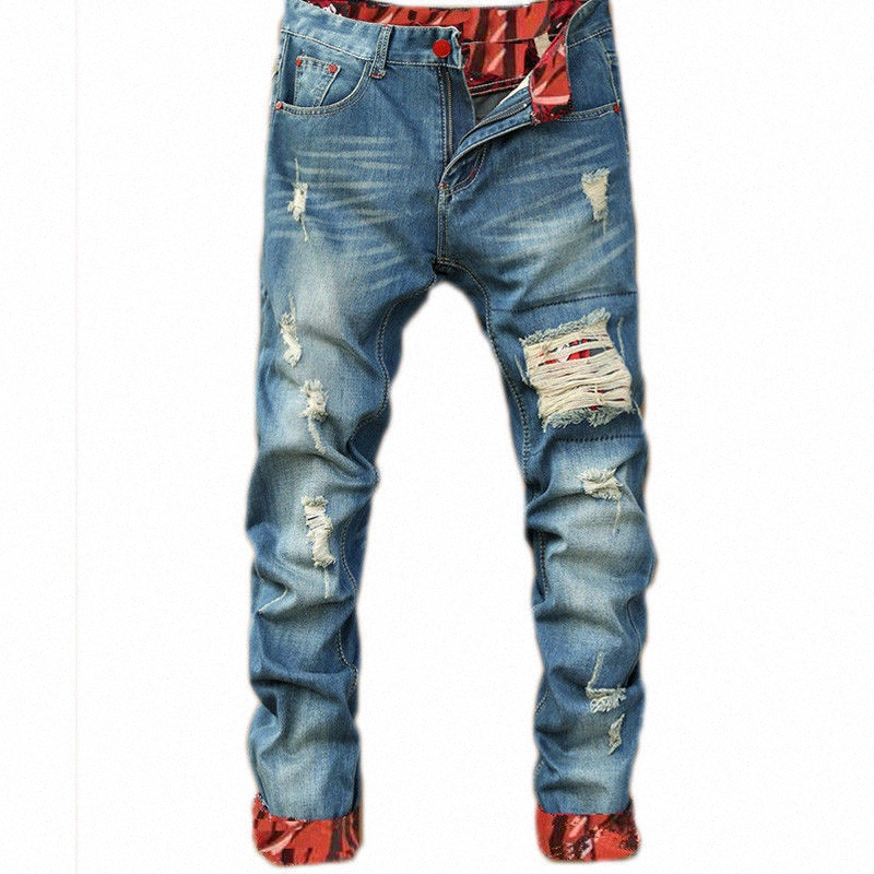 

Mens Casual Straight Jeans Retro Slim Skinny Jeans Fashion Designer Ripped Men Hip Hop Light Blue Denim Pants W5ME#