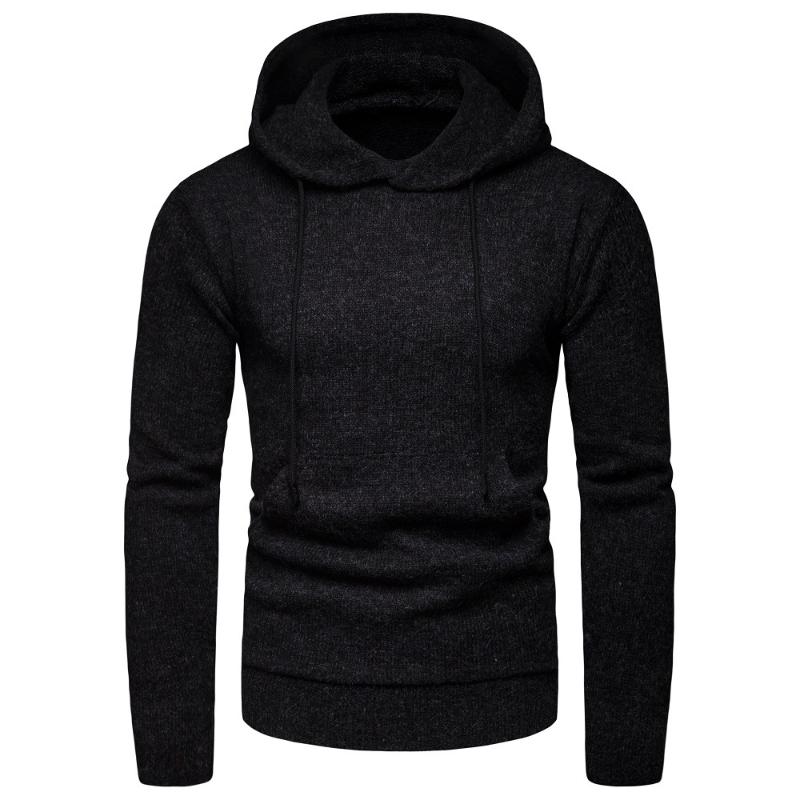 

2020 Men Hooded Cotton Pullover Autumn Winter Soft Warm Solid Slim Fit Long Sleeve Clothes Knitted Casual Sweater Pull Homme, Black