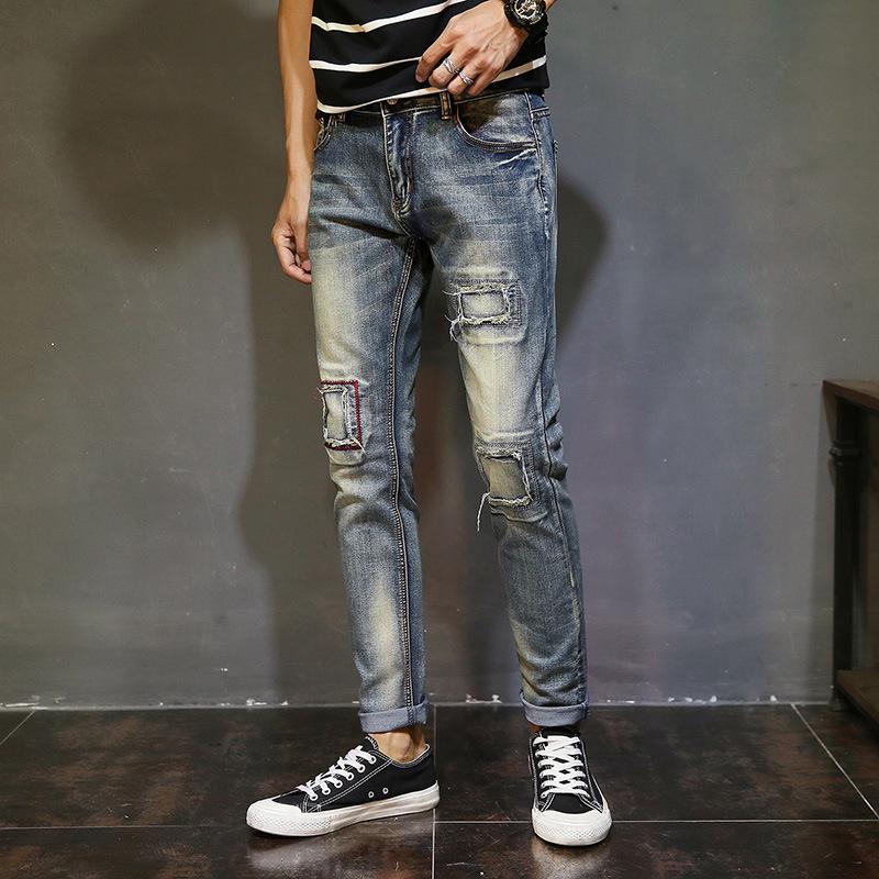 

Fashion Men's Vintage Embroidered Stretch Jeans Slim Fit Denim Pants Distressed Trousers, As pic