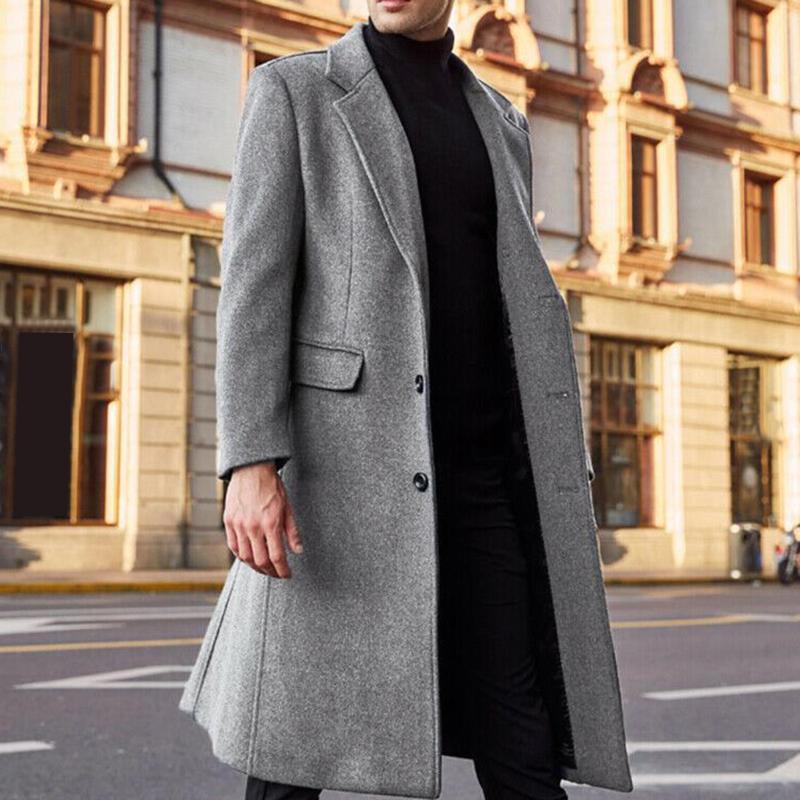 

Autumn Winter Solid Windbreaker Jacket 2020 New Men's Long Blend Coat Fashion Long Trench Coats Lapel Business Overcoat S-2XL, Black