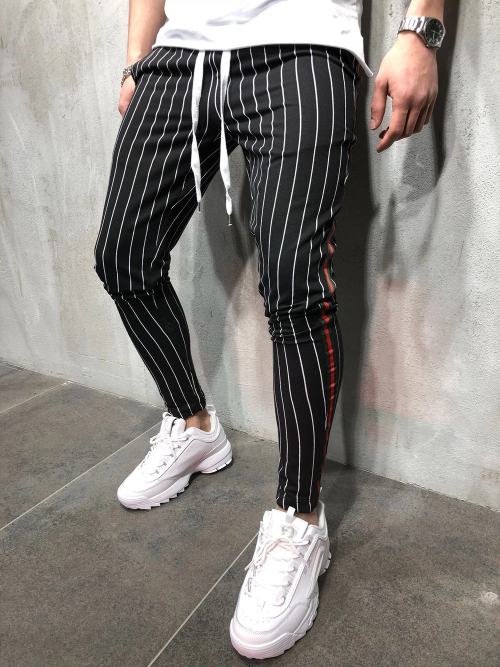 

2020 Mens New Casual Pants Fashion Personality Casual Sports Slim Stripe Tether Jogging Men's Pants Ankle-Length, Black