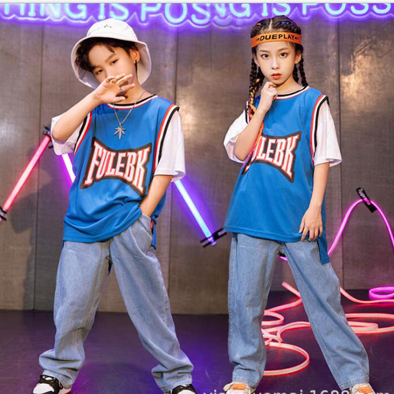 

Kids Festival Hip Hop dancing Clothing Loose Tshirt Top Running Casual Pants for Girls Boys Jazz Dance Costume Street Clothes, Blue tshirt