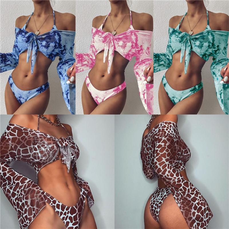 Piece Swimsuits Casual Women Beach Swimwear Women Tie Dyed Bikini Set Sexy Long Sleeve High Waist Three-image-556640692