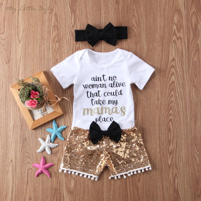 

2020 Summer Baby Clothing Baby Girl Boy Clothes Shortsleeve Letter Bodysuit Jumpsuit Sequin Sequin Shorts Pants 3Pcs Outfits Set, As pic