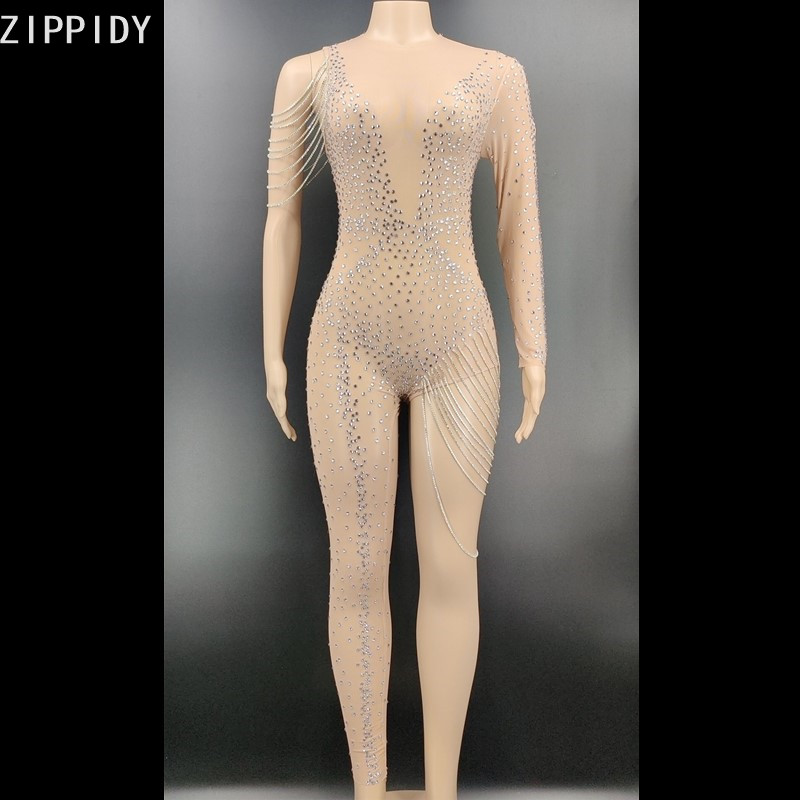 

New Silver Gold Rhinestones Chains Mesh Jumpsuit Female Singer Show Bodysuit Birthday Prom Single Sleeve Wear YOUDU, Silver chain