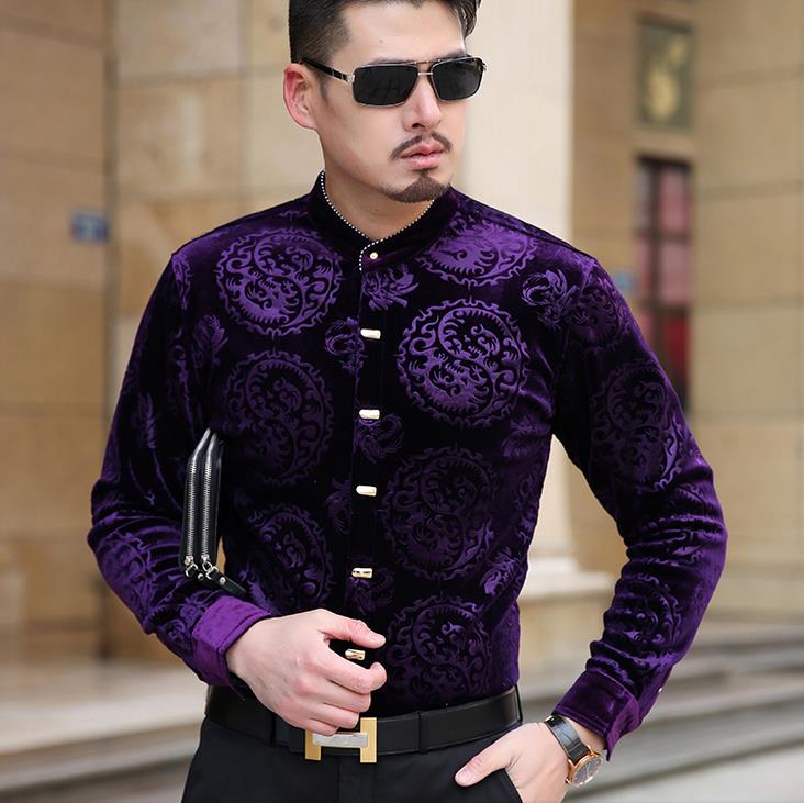 

Men Shirts Stand Collar Long Sleeve Velvet Dress Shirt Man Business Fashion Chemise Masculina Camisa Vetement Homm Drop Shipping, Black