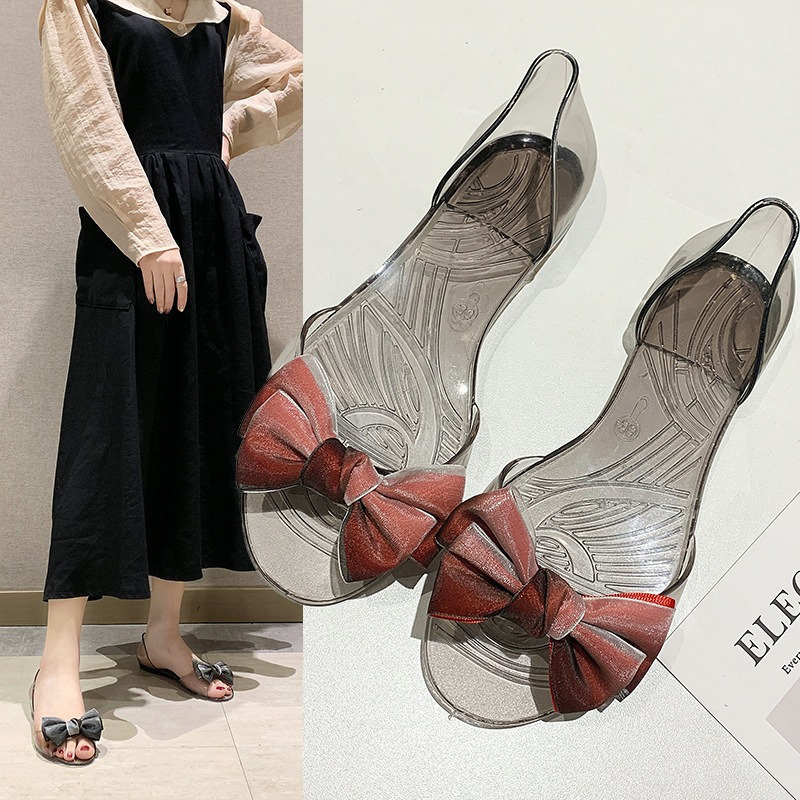 

Flat sandals ladies summer sweet bow transparent toe sandals fish mouth beach plus size 35-41 womens shoes, Red
