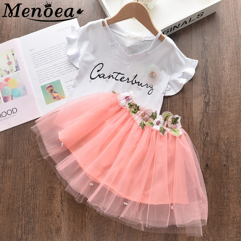 

Menoea Kids Suits 2020 New Summer Children Bubble sleeves applique Clothes + Embroidery Pearl Mesh Dress Clothing Sets, An065 white