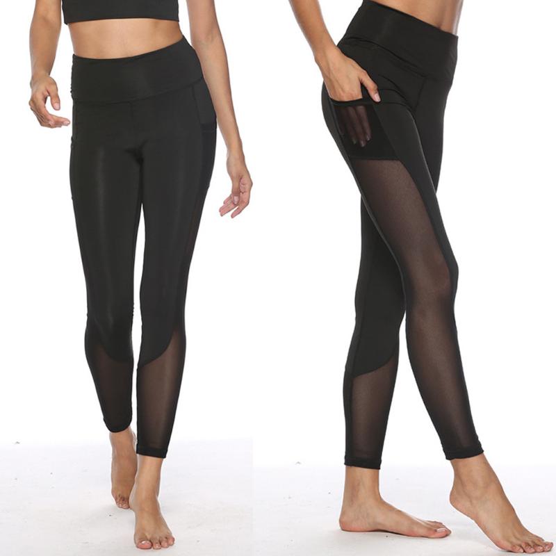 

Women Net Yarn Sports Ankle-Length Yoga Pants With Pockets High Waist Abdomen Control Durable Bodybuilding Fitness Yoga Leggings, Beige