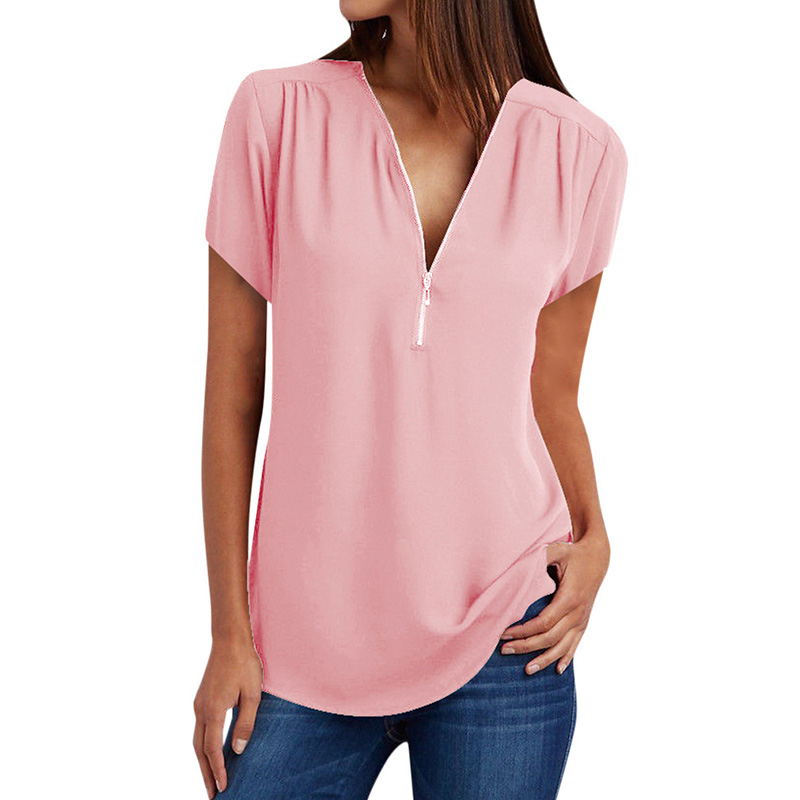 

Women Summer Zipper Chiffon Shirts New Fashion Casual Loose Blouse Female Solid Color V-Neck Short Sleeve Tops Plus Size 5XL, Black