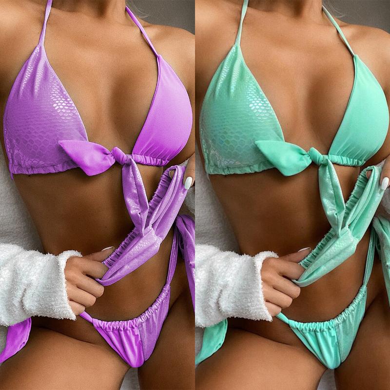 

3PCS New Arrival Womens Halter Bikini Set Swimsuit Padded Bra Thong Bathing Suit Sexy Ladies Summer Snakeskin Swimwear Beachwear, Green