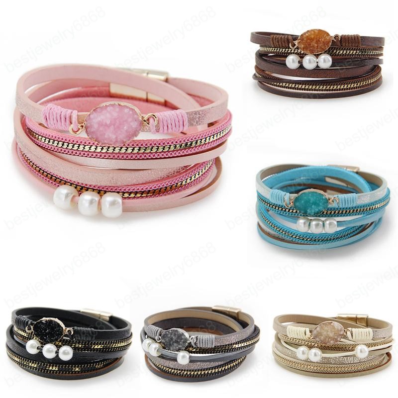 

HOT SALE 6 Colors Mens Leather Bracelet with Magnetic Clasp Multi-Layer Braided Bracelet Couple Pearl Bracelet