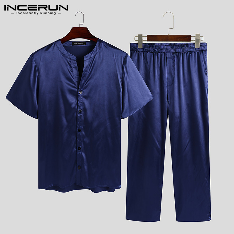 

INCERUN Mens Fashion Pajamas Suits Solid Color Short Sleeve V Neck Blouse Elastic Baggy Pants 2 Pieces Casual Homewear Sets 5XL, Royal