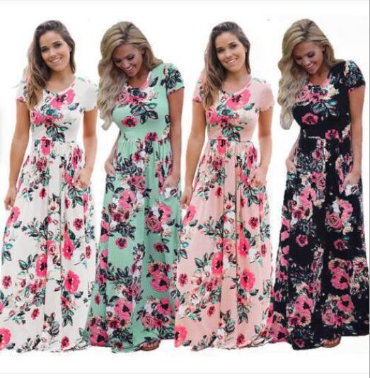 

Summer Designer Dressess Women Floral Print Short Sleeve Boho Dress Evening Gown Party Long Maxi Dress Fashion Sundress Clothing 5 Colors, Dark blue