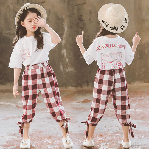 

Baby Girl Summer Teens Girls Clothing Sets Kids Clothes Letter Print T-shirt Plaid Pants 3-14 Years Overall for Children Suits, White
