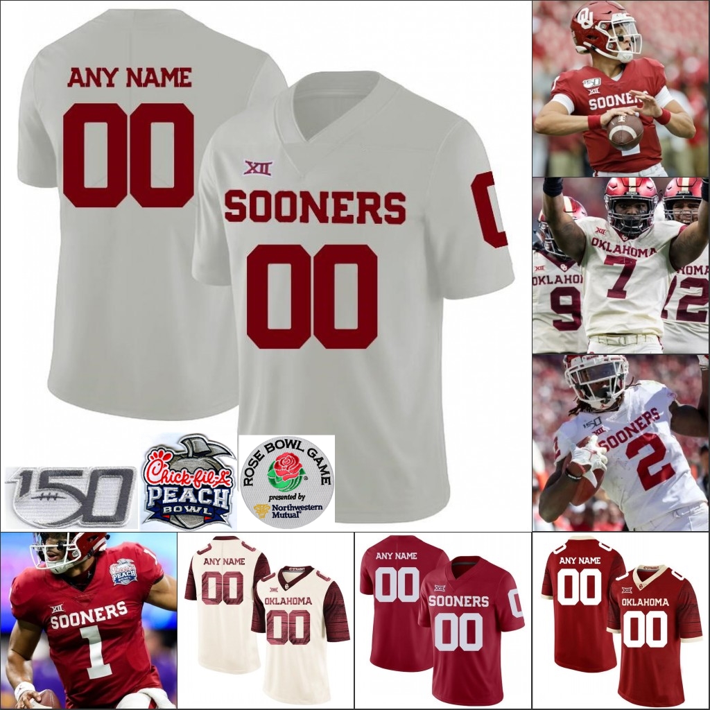 

Custom Oklahoma Sooners Football stitched Jersey any name number Tanner Mordecai Kennedy Brooks Trey Sermon Rhamondre Stevenson, Red with 150th patch