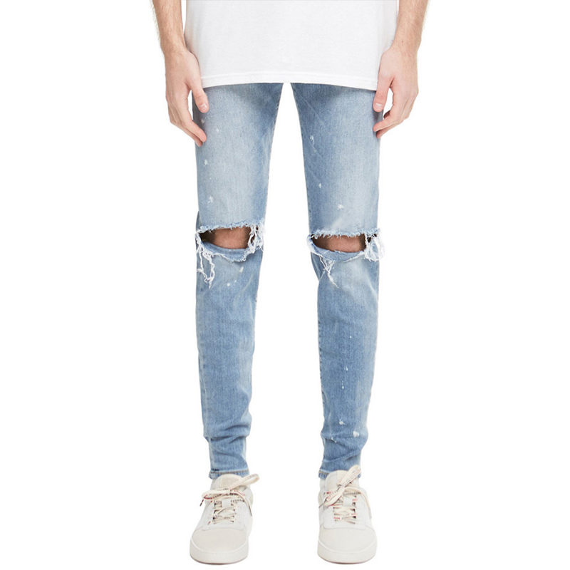 

New Men's Fashion Skinny Stretch Jeans Pencil Pants Distressed Ripped Worn Motorcycle Slim Jeans Trousers Black Light Blue