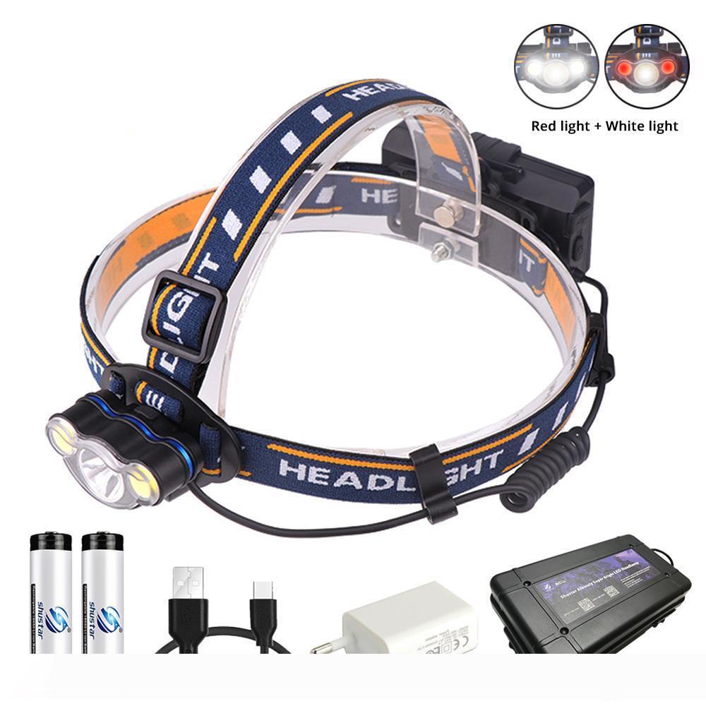 

Super bright LED headlamp White light + Red light fishing headlight 7 lighting modes flashlight Use 2 x 18650 batteries