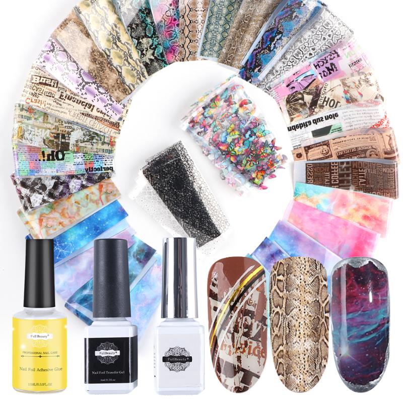 

53pc Nail Foil Sticker Kit Gel Polish Set With UV Lamp Snake Newspaper Butterfly Summer Nail Art Decor Manicure Set LE1795-1