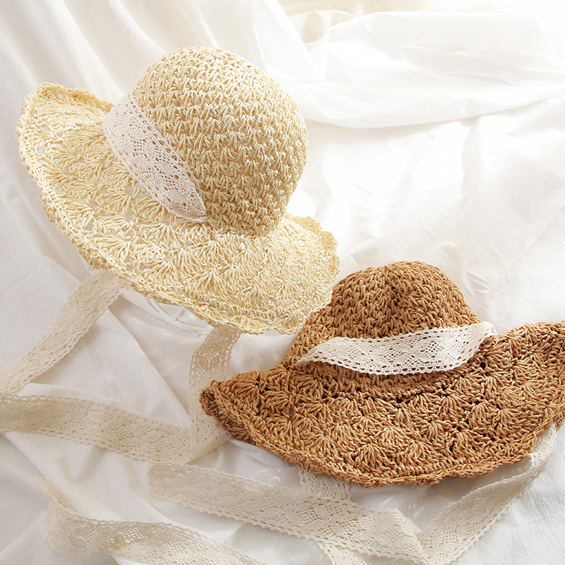 

H7453 Summer New Hand-woven Straw Sun Hat Women Lace Strap Outdoor Sunshade Cap Ladies Beach Holiday Sunscreen Foldable Hats, Styleh
