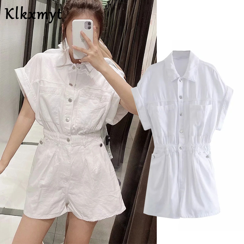 

Klkxmyt Women 2020 Chic Fashion Pockets Denim Playsuits Vintage Turn-up Sleeves Elastic Waist Female Short Jumpsuits Mujer, Multi