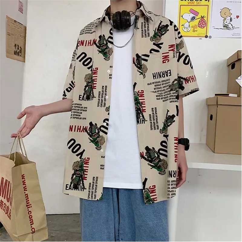 

Men Motorcycle Print Streetwear Shirts 2020 Summer Korean Fashiosn Khaki Hawaiian Blouses Button Up Shirt Plus Size -3XL