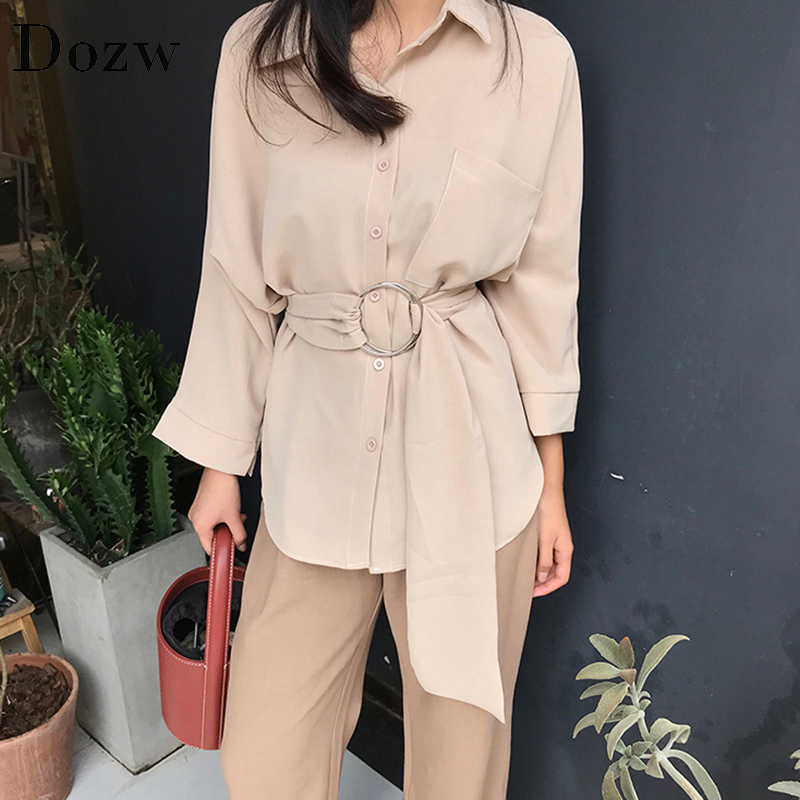 

Women Casual Long Sleeve Blouse With Belt 2020 Turn Down Collar Office Ladies Shirt Fashion Pocket Solid Tunic Tops, Beige