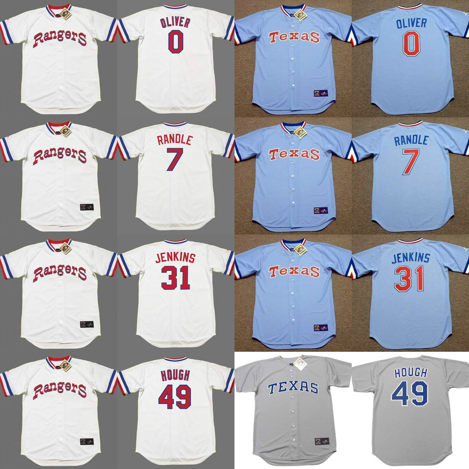 

Texas 0 AL OLIVER 7 LENNY RANDLE 31 FERGUSON JENKINS 49 CHARLIE HOUGH Baseball jersey, Black