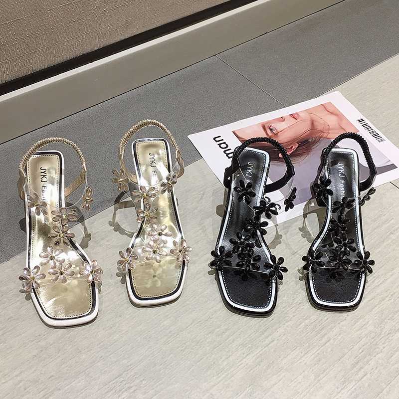 

Sandals female fairy shoes 2020 new summer shoes flowers thick heels casual Roman, Black
