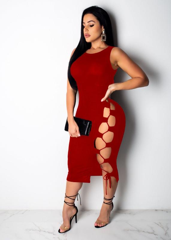 

New Style Women Sexy Bodycon Bandage Dress Lace Up Summer Sleeveless Sexy Midi Dress Woman Party Wear MCX103, Black