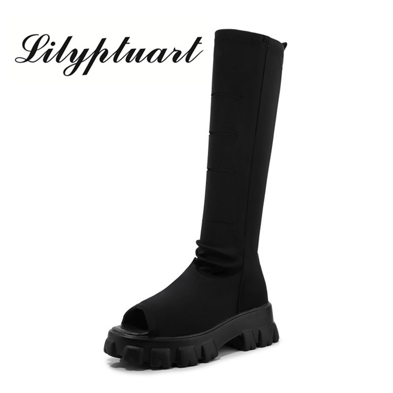 

2020 spring new fish mouth long tube thick bottom summer thin leg elastic sandals hollow hollow heel high heel sandals women, Short tube black