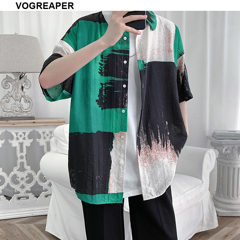 

Summer Hipster Korean Fashion Color Block Shirts Button Down Men's Harajuku Trend Short Sleeved Loose Casual Shirt -3XL, Green