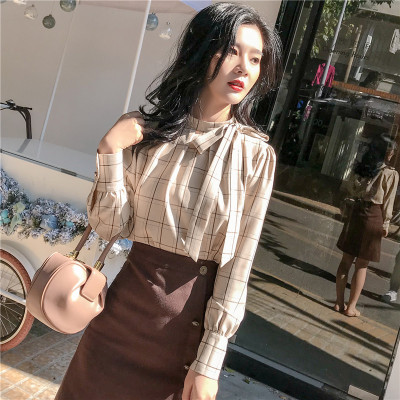 

2020 Plaid Chiffon Shirt Chic Women Blouse Long Sleeve Korean Loose Shirt Bow Versatile Chiffon Autumn Tops For Ladies, Beige