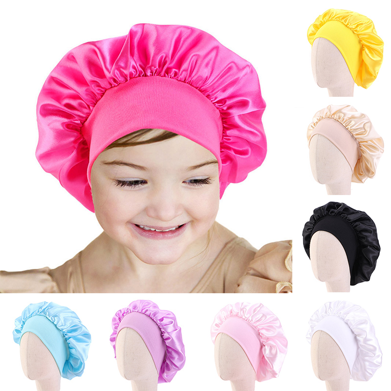 

Kids Satin Bonnet Cap solid color Turban Chemo Hat Girls Wide-brimmed Elastic Band Night Sleep Beanies Skullies Chemo Cap, Mixed color
