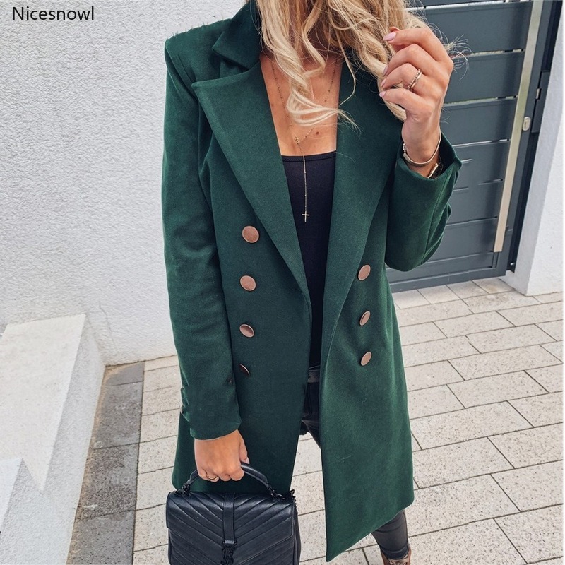

Plus Size Long Wool Green Coat Women Korean Elegant Double Breasted Coat Vintage Coats Female Winter Warm Black Blazer Jacket