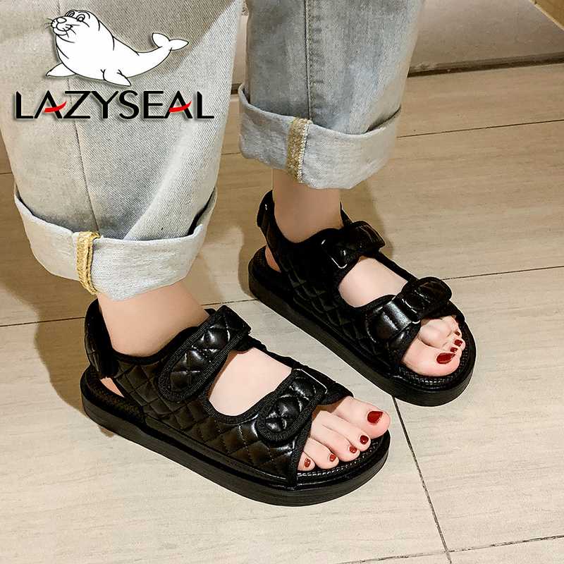 

LazySeal Trends Sandals Women Summer New Flat British Wind Embroidery Thick-soled Casual Roman Fragrance Designer Shoes, 01.black