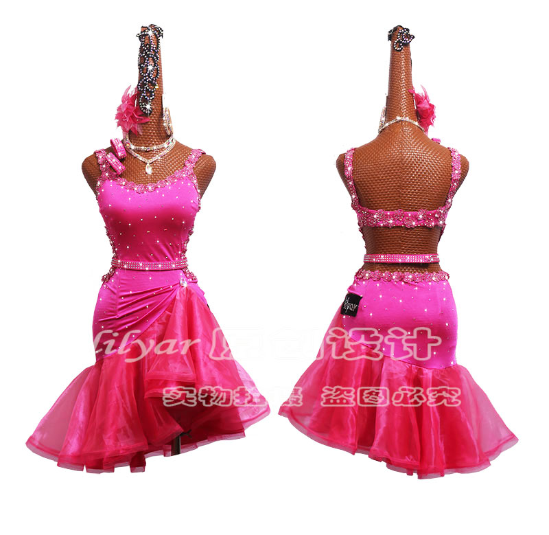 

Rhinestones Sexy Latin Dancing Dresses Ladies Rose Red Dance Costume Traditional Women Ballroom Competitive Theatrical Garments, Only dress