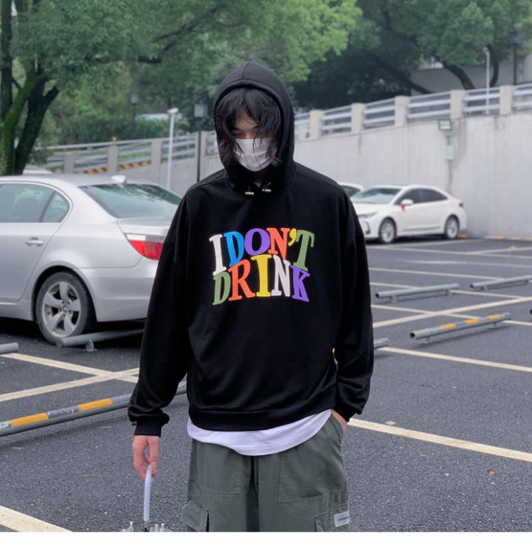 

2020 Korean Style Men's Letter Printed Hooded Hoodies Loose Fashion Coats Cotton Clothes Pullover Casual Sweatshirts Size -XL, Black
