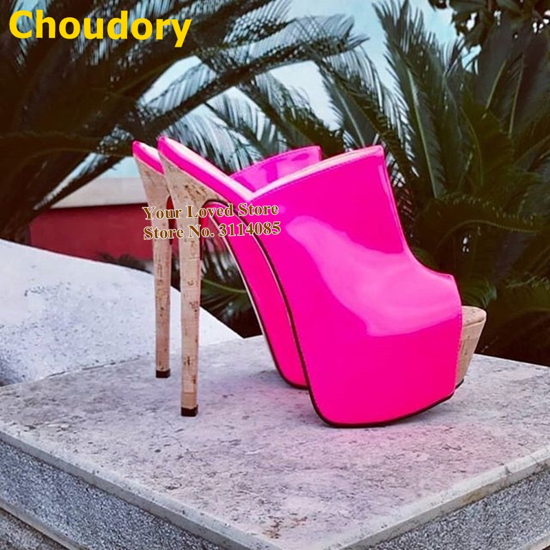 

Choudory Wood Thin High Heel Slippers Pink Patent Leather Open Toe Platform Sandals Slip-on Neon Yellow Dress Shoes Size47 Pumps, Color 2
